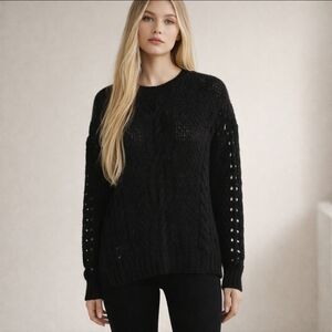 Vince Black Cable Knit Sweater Alpaca/Wool Designer Loose Weave Sz L